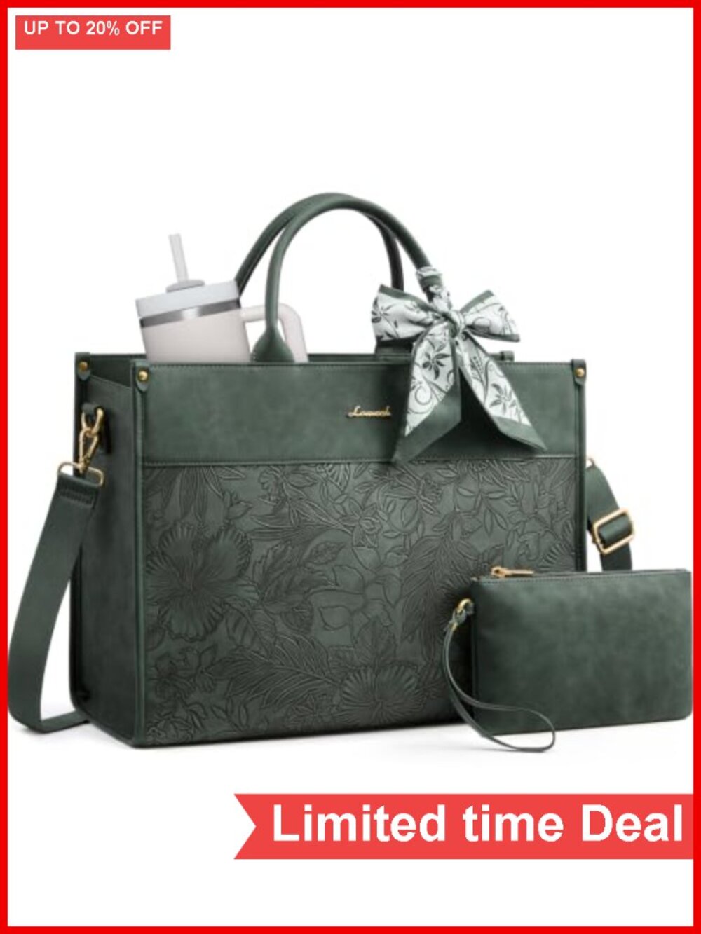 LOVEVOOK Laptop Tote Bag Women PU Leather Work Bag with Cup Holder Floral